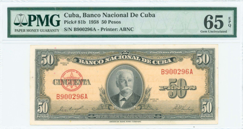 CUBA: 50 Pesos (1958) in black on yellow unpt. Portrait of Calixto Garcia Inigue...