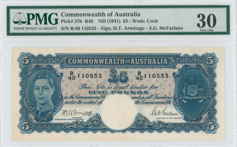 AUSTRALIA: 5 Pounds (ND 1941) in deep blue on multicolor unpt. Portrait of King ...