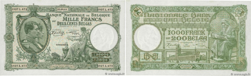 Country : BELGIUM 
Face Value : 1000 Francs - 200 Belgas 
Date : 22 mars 1943 
P...