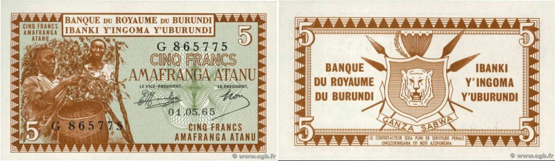 Country : BURUNDI 
Face Value : 5 Francs 
Date : 01 mai 1965 
Period/Province/Ba...