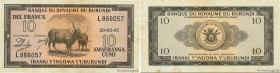 Country : BURUNDI 
Face Value : 10 Francs 
Date : 23 mars 1965 
Period/Province/Bank : Banque du Royaume du Burundi 
Catalogue reference : P.9 
Alphab...