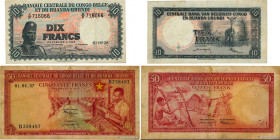 Country : BELGIAN CONGO 
Face Value : 10 et 50 Francs Lot 
Date : 1957-1958 
Period/Province/Bank : Banque Centrale du Congo Belge et du Ruanda-Urundi...