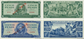 Country : CUBA 
Face Value : 5 et 20 Pesos Spécimen 
Date : 1964 
Period/Province/Bank : Banco Nacional de Cuba 
Catalogue reference : P.95bs et P.097...