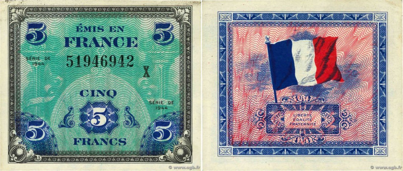 Country : FRANCE 
Face Value : 5 Francs DRAPEAU Faux 
Date : 1944 
Period/Provin...