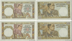 Country : SERBIA 
Face Value : 500 Dinara Consécutifs 
Date : 01 novembre 1941 
Period/Province/Bank : Serbian National Bank 
Catalogue reference : P....