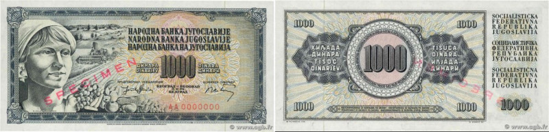 Country : YUGOSLAVIA 
Face Value : 1000 Dinara Spécimen 
Date : 19 décembre 1974...