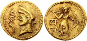 Ancient Greece Chersonesos Stater 60 AD

Turovski & Gorbatov pl. 37, 2 ( this coin ); Gold 7.78 g.; Obv: XEP Diademed and draped male head (of Chers...