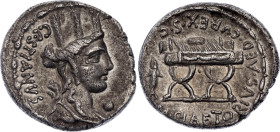 Roman Republic Denarius 67 BC (ND) M. Plaetorius Cestianus

Crawford 409/2, Cal. 1110, FFC 978; Silver 3.63; Obv: CESTIANVS behind turreted bust of ...