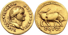 Roman Empire Vespasian AV Aureus 75 AD

RIC# 768, N# 249677; Gold 7.03 g.; Vespasian; Rome Mint; Obv: Head of Vespasian, laureate, right. IMP CAESAR...