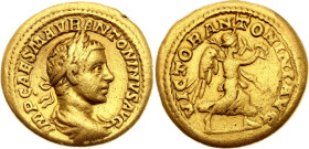 Roman Empire Elagabalus Gold Quinarius 218 - 219 AD Victory

Gold 3.24 g.; Obv: IMP CAES M AVR ANTONINVS AVG Laureate, draped and cuirassed bust of ...