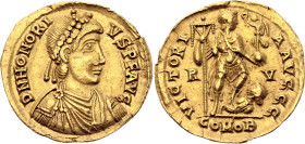 Roman Empire Honorius AV Solidus 402 - 423 AD Ravenna Mint

RIC# 1287, N# 92872; Gold 4.43 g.; Honorius (393-423); Ravenna Mint; Obv: DNHONORIVSPFAV...