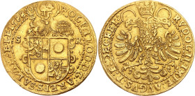 Austrian States Salzburg 2 Dukat 1588 SR

MB# 463, Fr# 689, N# 65123; Gold (.986) 6.93 g.; Wolf Dietrich von Raitenau (1587-1612); XF