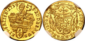 Austrian States Salzburg 1/4 Dukat 1734 NGC MS67

KM# 330, N# 91156; Gold (.986) 0.875 g, 14 mm.; Leopold Anton von Firmian; A glorious and sharply ...