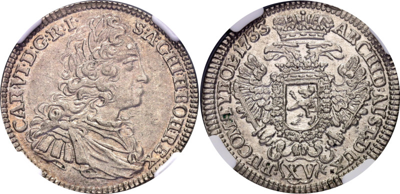 Bohemia 15 Kreuzer 1733 Prague NGC MS61

KM# 715, N# 80330; Silver; Charles VI...