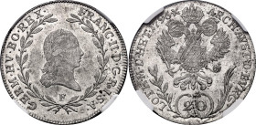 Austria 20 Kreuzer 1796 F NGC MS64 Top Pop

KM# 2139, N# 22610; Silver; Franz II; Hall Mint; With full mint luster