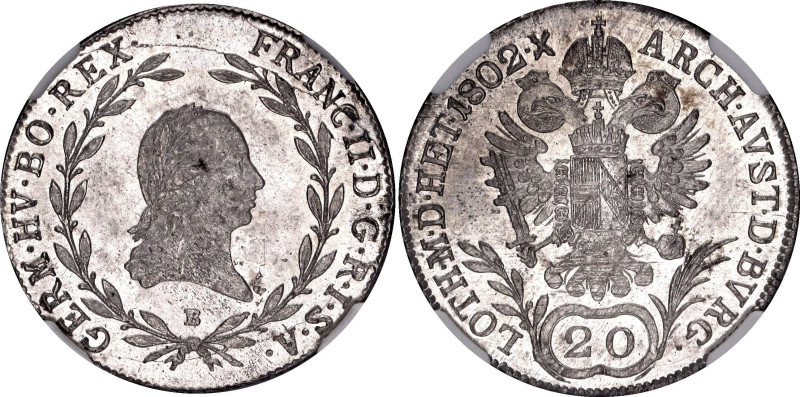 Austria 20 Kreuzer 1802 B NGC MS 64

KM# 2139, Adamo# C28, N# 22610; Silver; F...