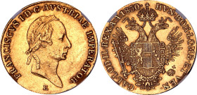 Austria Dukat 1830 E Ex. George Dunn NGC AU58

KM# 2171, N# 33430; Gold (.986) 3.49 g.; Franz I; Karlsburg Mint