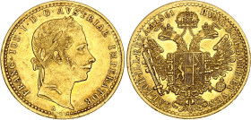 Austria Dukat 1861 A

KM# 2264, Fr# 491, N# 22709; Gold (.986), 3.49 g.; Franz Joseph I; Vienna Mint; AUNC with mint luster