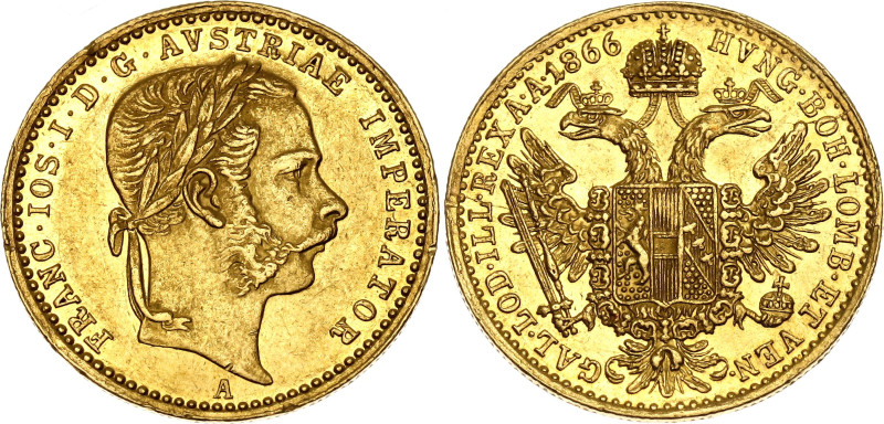 Austria Dukat 1866 A

KM# 2265, N# 33646; Gold (.986) 3.49 g.; Franz Joseph I;...