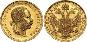 Austria Dukat 1882

KM# 2267, Schön# 1, N# 26247; Gold (.986) 3.49 g.; Franz Joseph I; Mintage: 390000 pcs.; UNC with full mint luster & few hairlin...