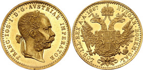 Austria Dukat 1887

KM# 2267, Schön# 1, N# 26247; Gold (.986) 3.49 g, Prooflike; Franz Joseph I; Mintage 223055; With minor hairlines