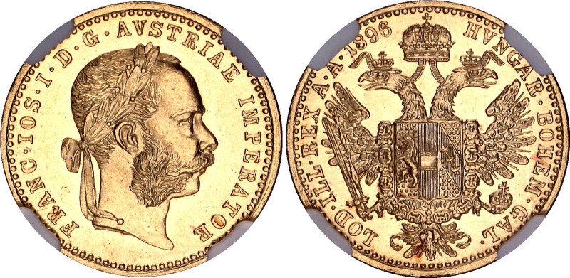 Austria Dukat 1896 NGC MS64

KM# 2267, Schön# 1, N# 26247; Gold (.986) 3.49 g,...