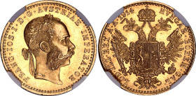 Austria Dukat 1914 NGC MS65

KM# 2267, Schön# 1, N# 26247; Gold (.986) 3.49 g, 20 mm; Franz Joseph I; Vienna Mint; UNC with full mint luster