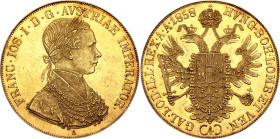 Austria 4 Dukat 1858 A

KM# 2271.1, N# 33649; Gold (.986) 13.97 g.; Franz Joseph I; Vienna Mint; AUNC/UNC with full mint luster. Extremely rare cond...