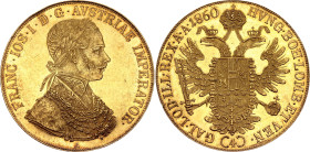 Austria 4 Dukat 1860 A

KM# 2272, N# 33650; Gold (.986) 13.96 g.; Franz Joseph I; Vienna Mint; AUNC/UNC with full mint luster. Extremely rare condit...