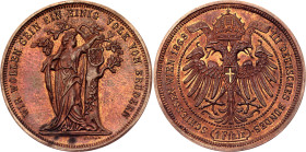 Austria 1 Vereinsthaler 1868 3rd German Shooting Festival in Copper RRR

Moravec# 36a; Copper 15.34 g, 33.4 mm; Franz Joseph I; Thaler 1868 trial st...