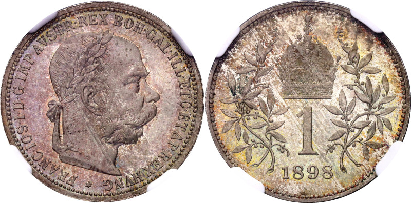 Austria 1 Corona 1898 NGC MS66 Top Pop

KM# 2804, Schön# 7, N# 5744; Silver; F...