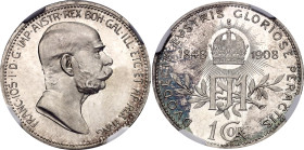 Austria 1 Corona 1908 NGC MS63 DPL

KM# 2808, N# 7095; Silver, Prooflike; Franz Joseph I; 60th Anniversary of the Reign of Franz Joseph I; UNC with ...