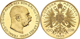 Austria 100 Corona 1909

KM# 2819, Fr# 507, N# 15147; Gold (.900) 33.87 g.; Franz Joseph I; Mintage 3203 pcs.; UNC with full mint luster