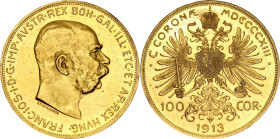 Austria 100 Corona 1913

KM# 2819, Fr# 507, N# 15147; Gold (.900) 33.87 g.; Franz Joseph I; Mintage 2696 pcs.; UNC with full mint luster & minor hai...