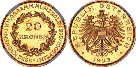 Austria 20 Kronen 1923 NGC MS64

KM# 2830, Her# 4, N# 299144; Gold (.900) 6.78 g; Mintage: 6988 pcs; UNC