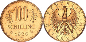 Austria 100 Schilling 1926 PCGS PL62

KM# 2842, Fr# 520, N# 15149; Gold (.900), Prooflike; Mintage: 63795 pcs.; UNC