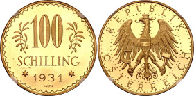 Austria 100 Schilling 1931 NGC PL65

KM# 2842, Fr# 520, N# 15149; Gold (.900), Prooflike; Mintage: 101935 pcs.; UNC