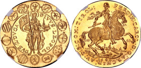 Austria 2 Dukat 1642 (1963) NGC MS67 Restrike

Restrike of 2 Dukat 1642 KM#909; Obv: Ferdinand Karl on horseback divides date, City in Background. F...