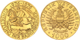 Austria 1000 Schilling 1976

KM# 2933, Fr# 909, N# 33405; Gold (.900) 13.5 g.; 1000th Anniversary of the Babenberg Dynasty; In the original package;...