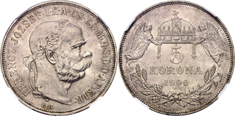 Hungary 5 Korona 1900 KB NGC MS64

KM# 488, H# 2201, ÉH# 1492, Adamo# K7, N# 1...