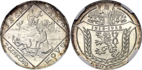 Czechoslovakia 2 Dukat 1928 (1973) Restrike NGC MS66

X# M3, Fr# 7, N# 111461; Silver; By Otakar Španiel; 10th Anniversary of Czechoslovakia; "Jsem ...