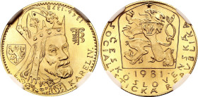 Czechoslovakia 1 Dukat 1981 NGC MS68 TOP COIN

Fr# 22, X# M28, N# 47054; Gold (.986) 3.49 g.; 600 Years of Karl IV death; Kremnitz mint; Mintage 213...
