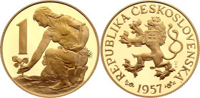 Czech Republic 1 Koruna 1957 Dated - Gold

Gold (.999) 70 g, 52 mm, Proof; By Marie Uchytilová-Kučová; Kremnica Mint; Mintage: 33 pcs. (30 pcs. rele...