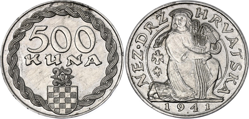 Croatia 500 Kuna 1941 Pattern

KM# Pn29; Aluminum 1.66 g; Zagreb Mint; UNC wit...