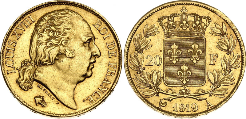 France 20 Francs 1819 A

KM# 712.1, N# 7366; Gold (.900) 6.45 g.; Louis XVIII;...