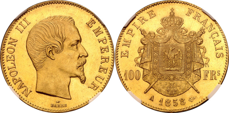 France 100 Francs 1858 A NGC MS61

KM# 786.1, N# 11337; Gold (.900) 32.26 g.; ...