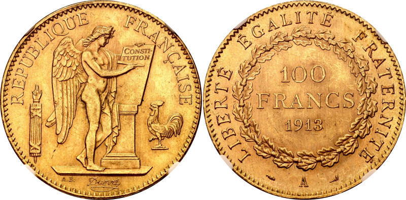 France 100 Francs 1913 A NGC MS63

KM# 858, F# 553/7, N# 18182; Gold (.900) 32...