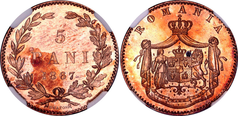 Romania 5 Bani 1867 HEATON NGC MS65 RD

KM# 3, N# 3956; Copper; Carol I; UNC w...