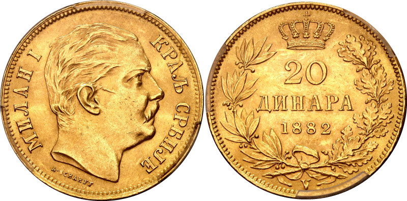 Serbia 20 Dinara 1882 V PCGS MS62

KM# 17.1, N# 23613; Gold (.900) 6.45 g.; Mi...