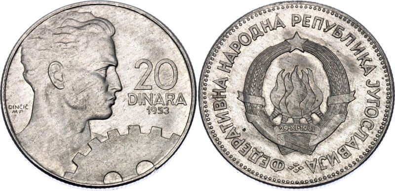 Yugoslavia 20 Dinara 1953 Pattern

Aluminum 3.16 g; UNC with mint luster